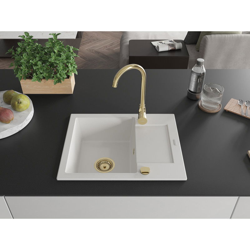 Mexen Enzo granite sink 1-bowl with drainer 576 x 465 mm, white, gold siphon - 6506571005-20-G