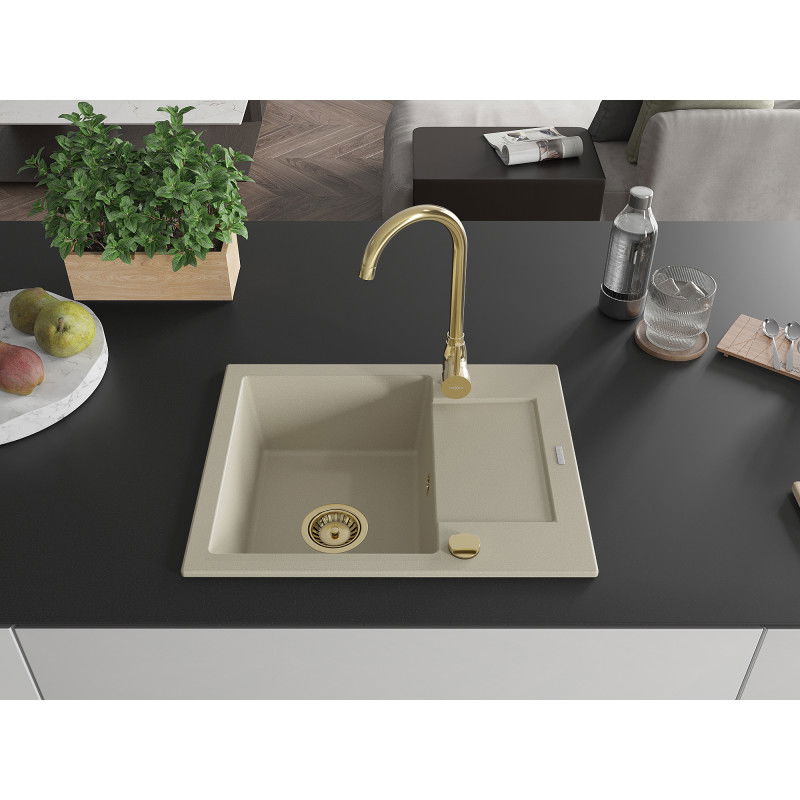 Mexen Enzo granite sink 1-bowl with drainer 576 x 465 mm, beige, golden siphon - 6506571005-69-G
