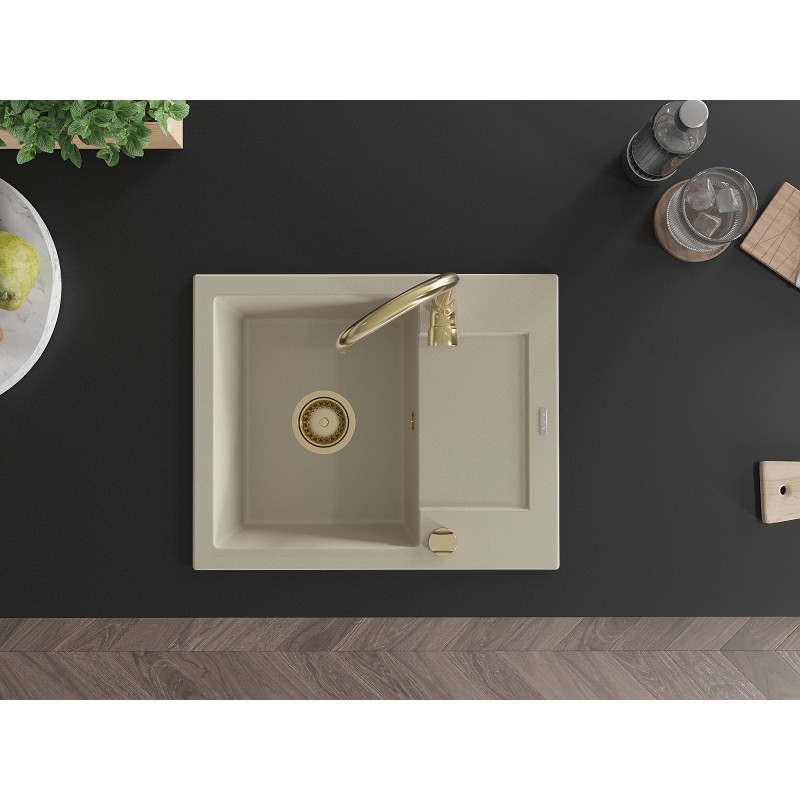 Mexen Enzo granite sink 1-bowl with drainer 576 x 465 mm, beige, gold siphon - 6506571005-69-G