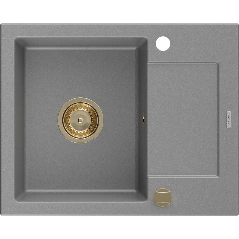 Mexen Enzo 1-compartment granite sink with a drip tray 576 x 465 mm, Grey, siphon Gold - 6506571005-71-G
