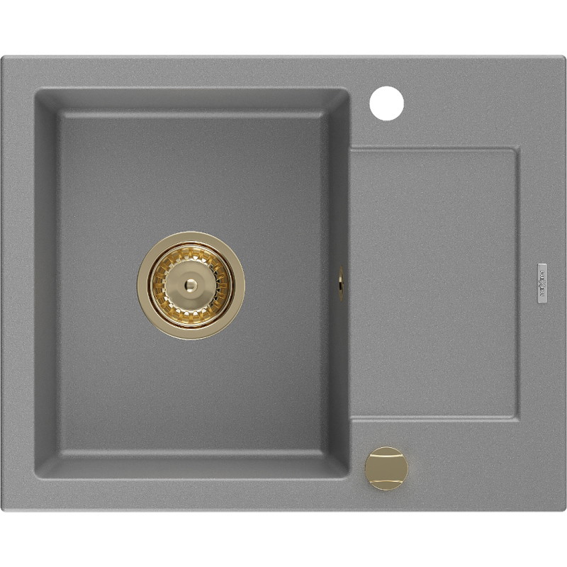 Mexen Enzo granite sink 1-bowl with drainer 576 x 465 mm, gray, golden siphon - 6506571005-71-G