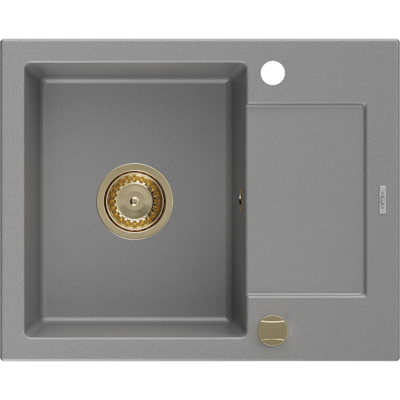 Mexen Enzo granite sink single bowl with drainer 576 x 465 mm, grey, golden siphon - 6506571005-71-G