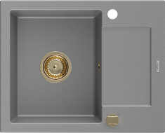 Mexen Enzo granite sink 1-bowl with drainer 576 x 465 mm, gray, golden siphon - 6506571005-71-G