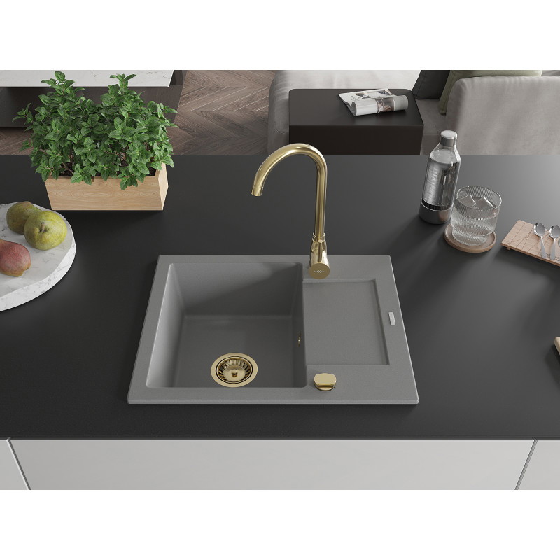 Mexen Enzo granit kitchen sink 1-bowl with drainer 576 x 465 mm, gray, gold siphon - 6506571005-71-G