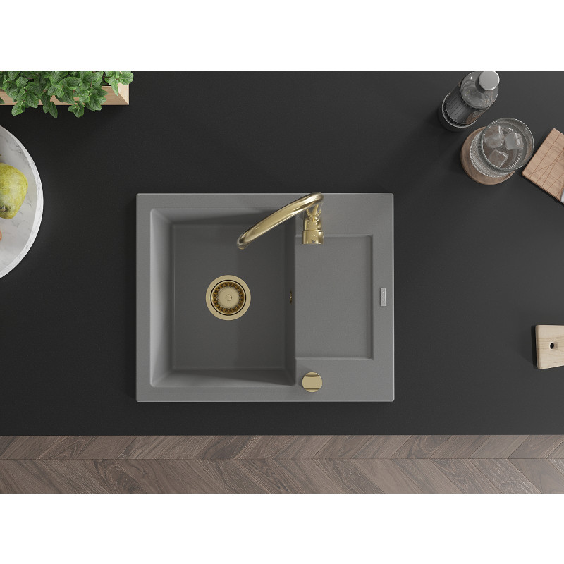 Mexen Enzo granit kitchen sink 1-bowl with drainer 576 x 465 mm, gray, gold siphon - 6506571005-71-G
