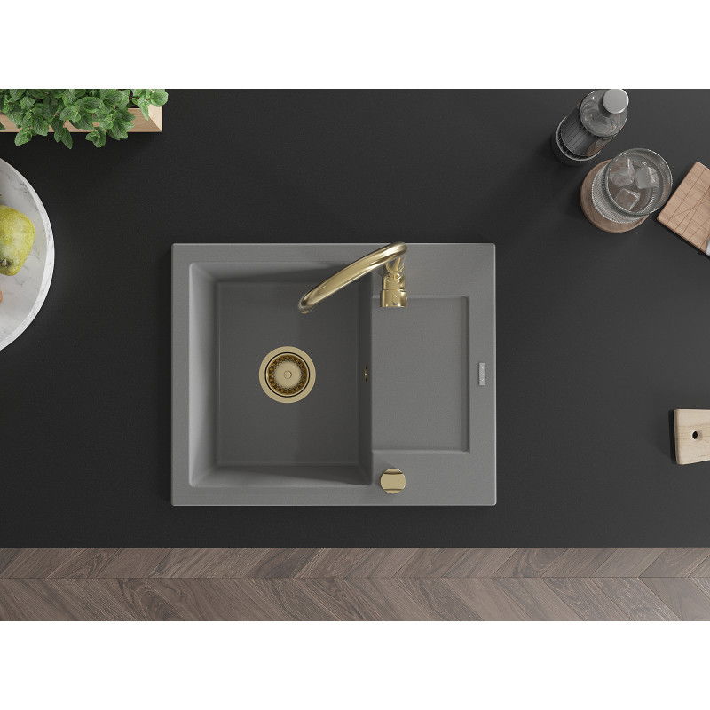 Mexen Enzo granite sink single bowl with drainer 576 x 465 mm, grey, golden siphon - 6506571005-71-G