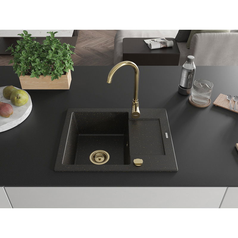 Mexen Enzo granite sink 1-bowl with drainer 576 x 465 mm, black/gold metallic, gold siphon - 6506571005-75-G