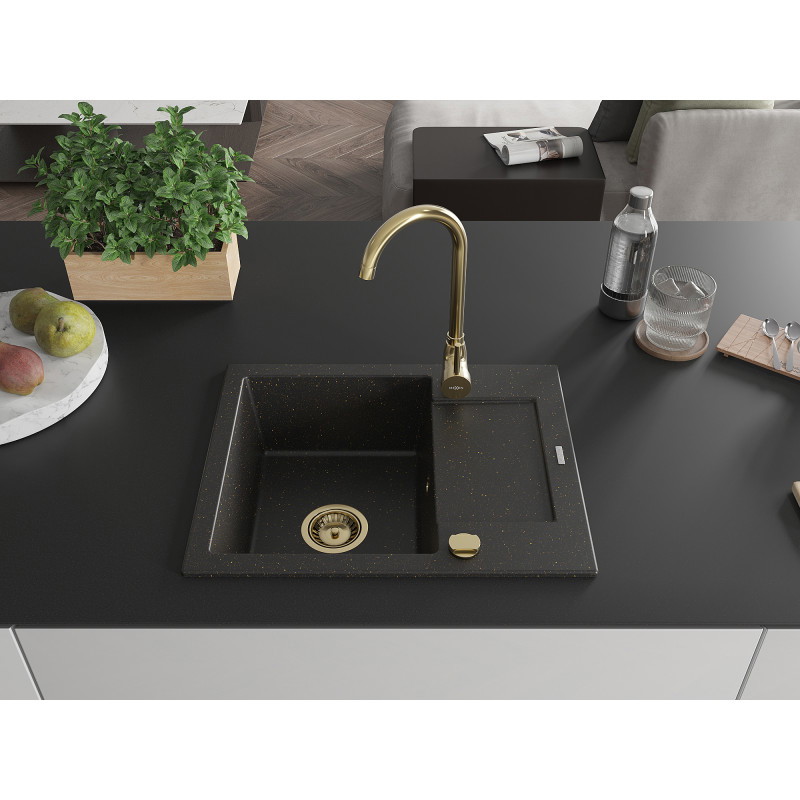 Mexen Enzo single-bowl granite sink with drainer 576 x 465 mm, black/gold metallic, gold siphon - 6506571005-75-G