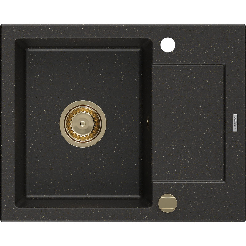 Mexen Enzo granite kitchen sink 1-bowl with drainer 576 x 465 mm, black/golden metallic, golden siphon - 6506571005-75-G