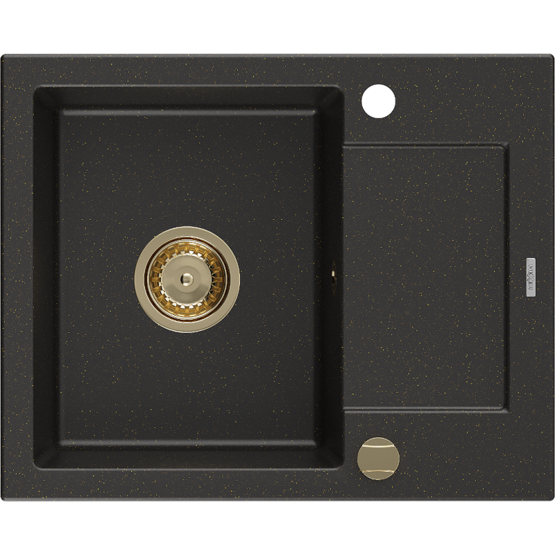 Mexen Enzo granite sink 1-bowl with drainer 576 x 465 mm, black/gold metallic, gold siphon - 6506571005-75-G