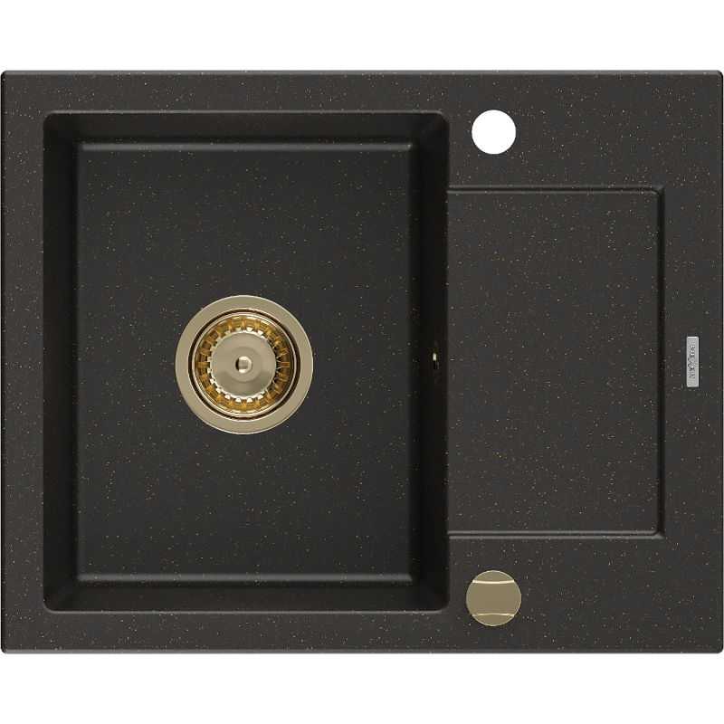 Mexen Enzo single-bowl granite sink with drainer 576 x 465 mm, black/gold metallic, gold siphon - 6506571005-75-G