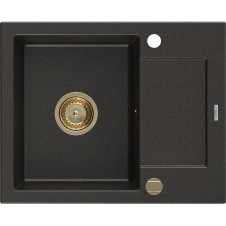 Mexen Enzo granite sink 1-bowl with drainer 576 x 465 mm, black/gold metallic, gold siphon - 6506571005-75-G