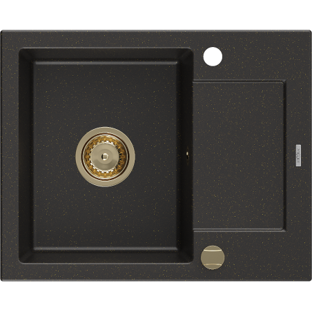 Mexen Enzo single-bowl granite sink with drainer 576 x 465 mm, black/gold metallic, gold siphon - 6506571005-75-G