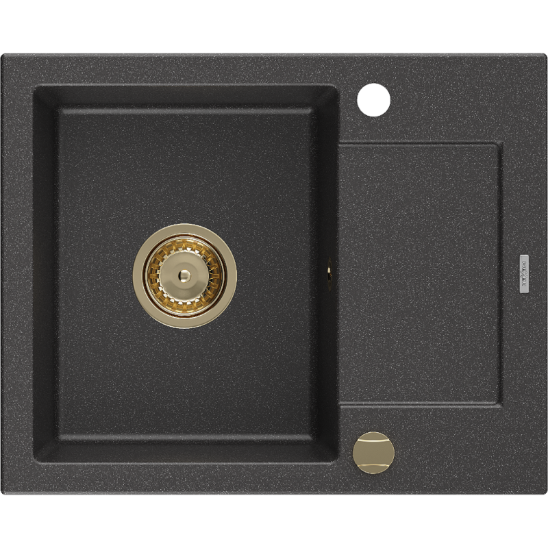 Mexen Enzo 1-bowl granite sink with drainer 576 x 465 mm, black speckled, gold siphon - 6506571005-76-G