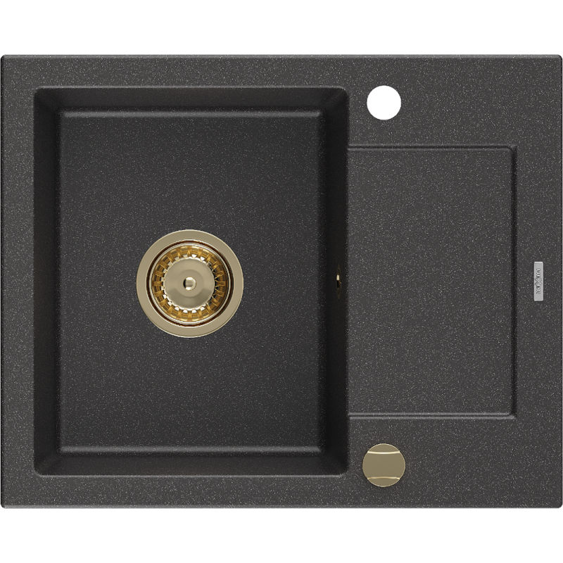 Mexen Enzo granite sink 1-bowl with drainer 576 x 465 mm, black speckled, gold siphon - 6506571005-76-G