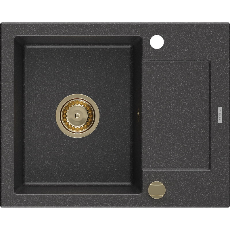 Mexen Enzo single-bowl granite sink with drainer 576 x 465 mm, speckled black, gold siphon - 6506571005-76-G