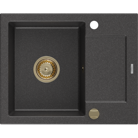Mexen Enzo 1-bowl granite sink with drainer 576 x 465 mm, black speckled, gold siphon - 6506571005-76-G