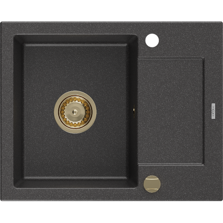 Mexen Enzo granite sink 1-bowl with drainer 576 x 465 mm, black speckled, gold siphon - 6506571005-76-G