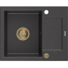 Mexen Enzo granite sink 1-bowl with drainer 576 x 465 mm, black speckled, gold siphon - 6506571005-76-G