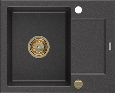 Mexen Enzo single-bowl granite sink with drainer 576 x 465 mm, speckled black, gold siphon - 6506571005-76-G