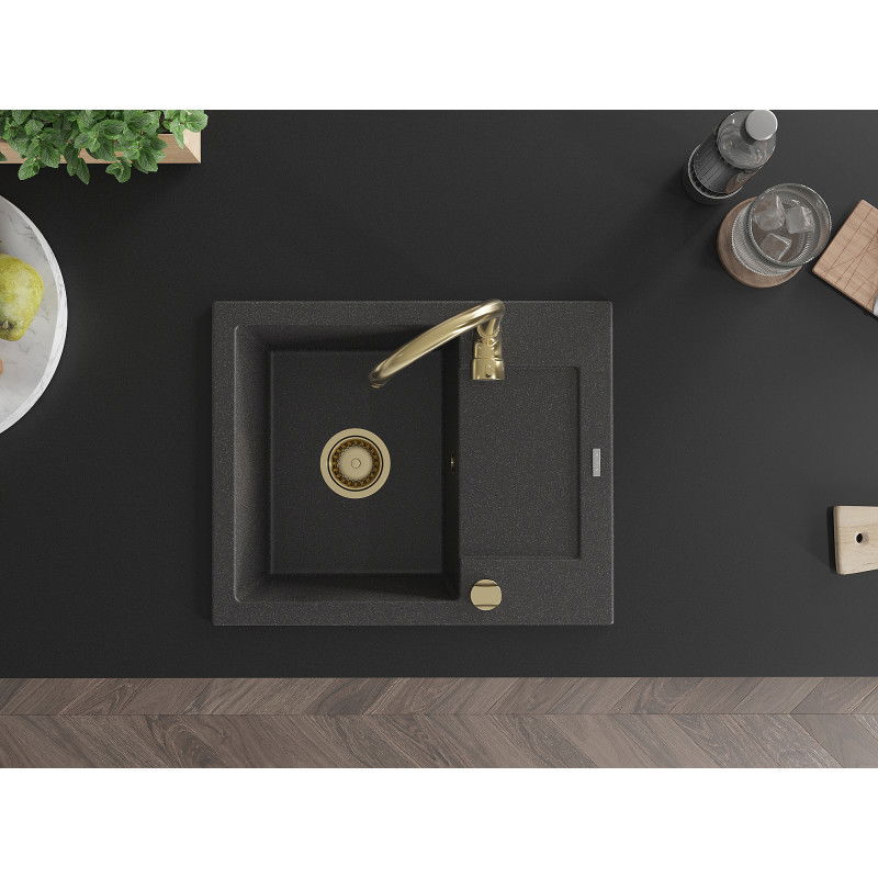 Mexen Enzo 1-bowl granite sink with drainer 576 x 465 mm, black speckled, gold siphon - 6506571005-76-G