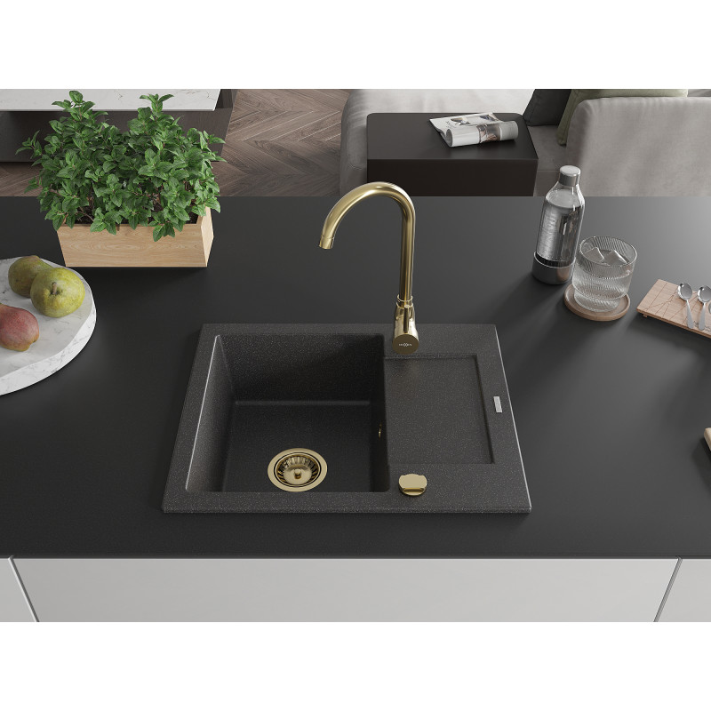 Mexen Enzo granite sink 1-bowl with drainer 576 x 465 mm, black speckled, gold siphon - 6506571005-76-G