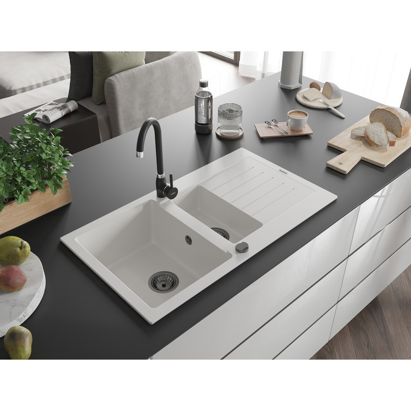 Mexen Matias granit sink 1.5-bowl with drainer 900 x 505 mm, white, black siphon - 6502901505-20-B
