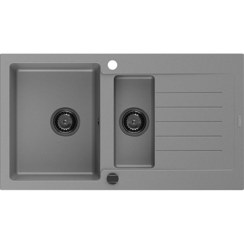 Mexen Matias 1.5-compartment granite sink with a drip tray 900 x 505 mm, Grey, siphon Black - 6502901505-71-B
