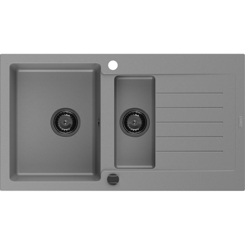 Mexen Matias granite sink 1.5-bowl with drainer 900 x 505 mm, gray, black siphon - 6502901505-71-B