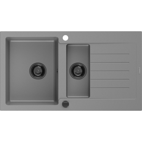 Mexen Matias 1.5-bowl granite sink with drainer 900 x 505 mm, grey, black siphon - 6502901505-71-B