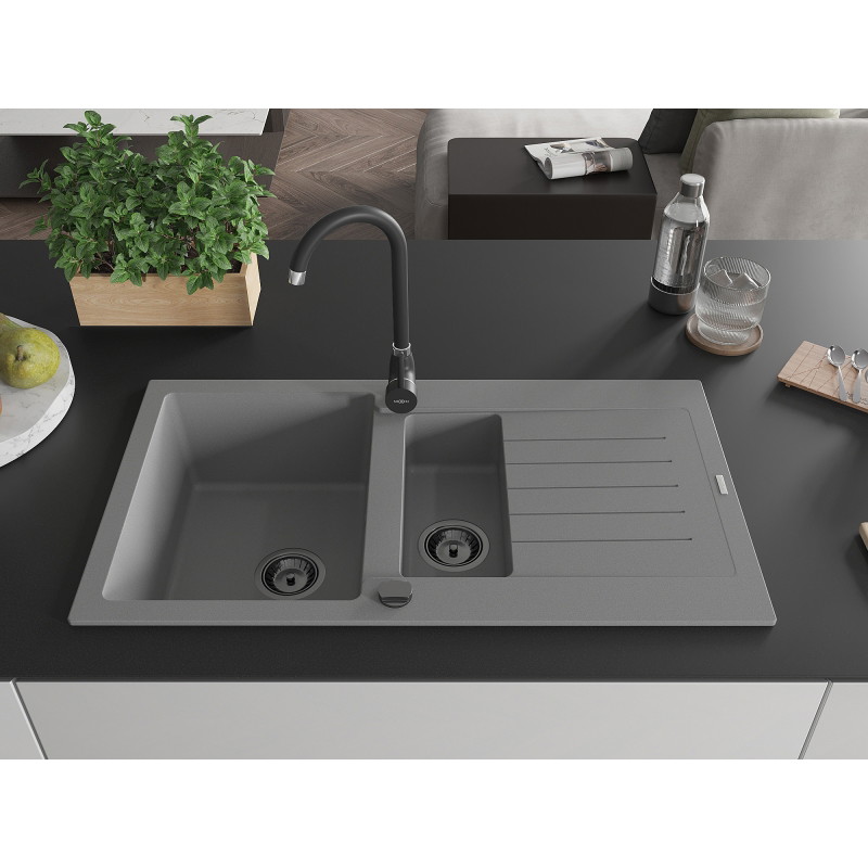 Mexen Matias granite sink 1.5-bowl with drainer 900 x 505 mm, gray, black siphon - 6502901505-71-B