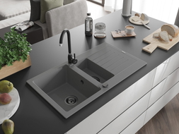 Mexen Matias 1.5-bowl granite kitchen sink with drainer 900 x 505 mm, gray, black siphon - 6502901505-71-B