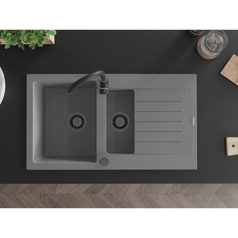 Mexen Matias 1.5-bowl granite sink with drainer 900 x 505 mm, grey, black siphon - 6502901505-71-B