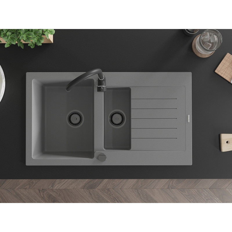 Mexen Matias granite sink 1.5-bowl with drainer 900 x 505 mm, gray, black siphon - 6502901505-71-B
