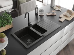 Mexen Matias granite sink 1.5-bowl with drainer 900 x 505 mm, black/golden metallic, black siphon - 6502901505-75-B