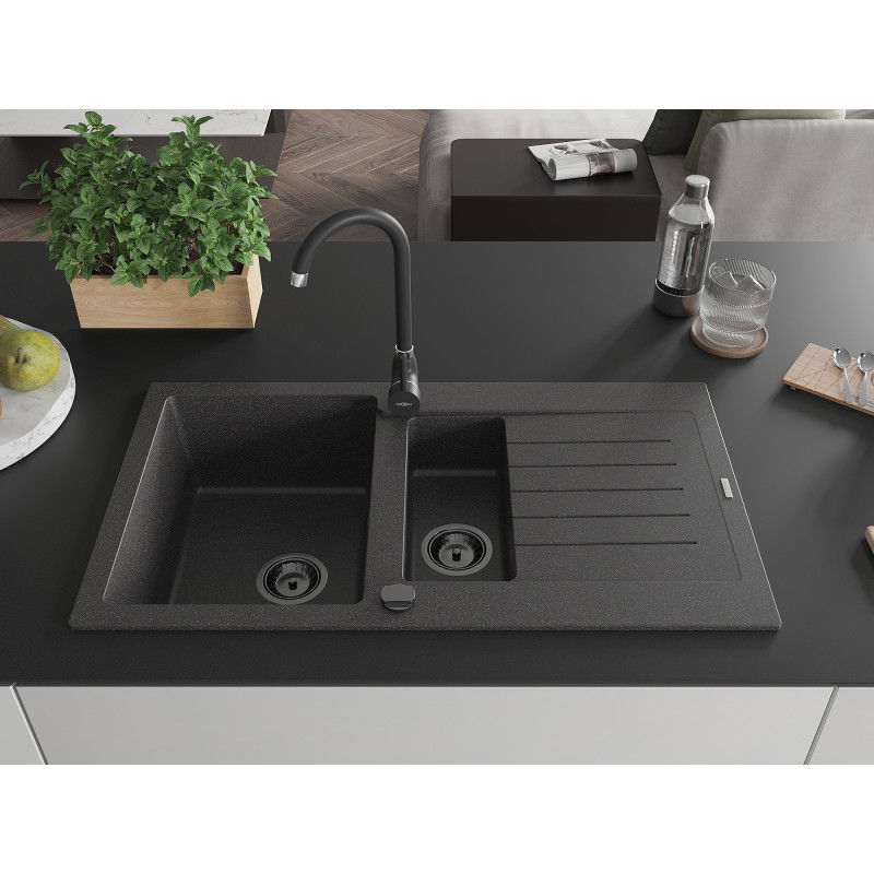 Mexen Matias granite sink 1.5-bowl with drainer 900 x 505 mm, black speckled, black siphon - 6502901505-76-B