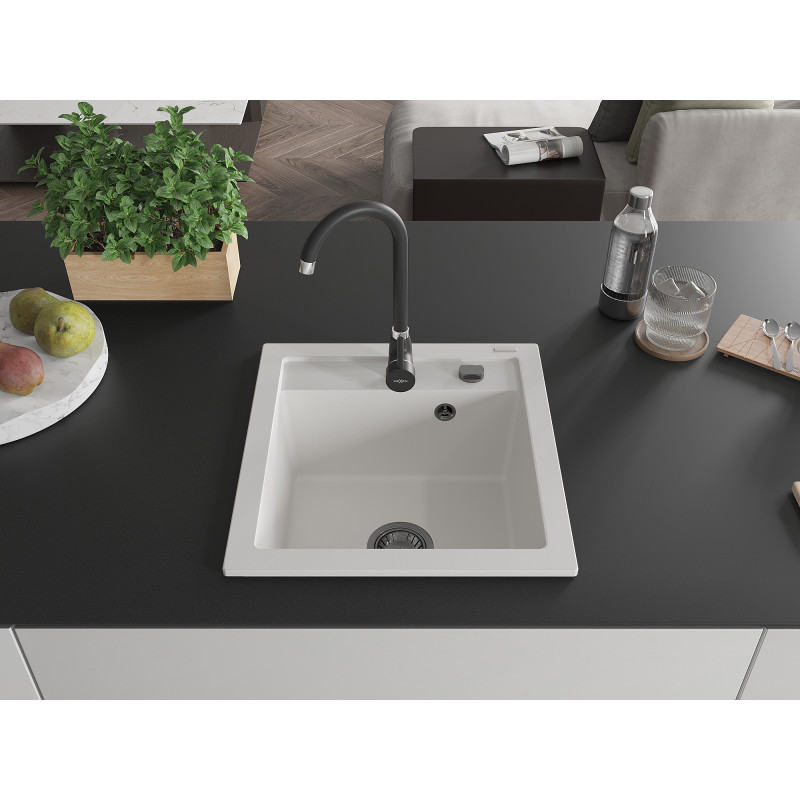 Mexen Vito 1-bowl granite sink 520 x 490 mm, white, black siphon - 6503521000-20-B