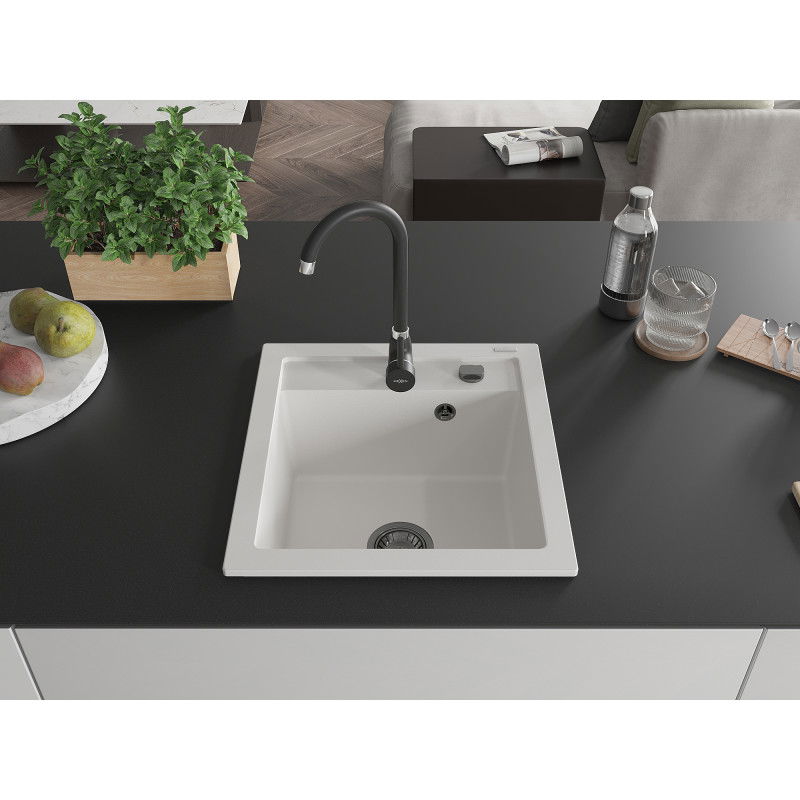 Mexen Vito granite sink 1-bowl 520 x 490 mm, white, black siphon - 6503521000-20-B