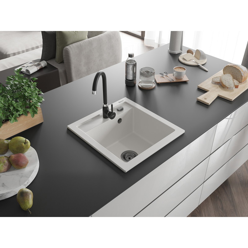 Mexen Vito 1-bowl granite sink 520 x 490 mm, white, black siphon - 6503521000-20-B