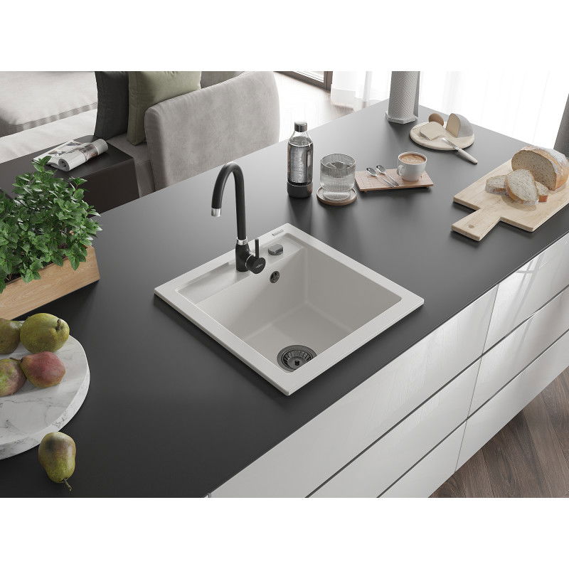 Mexen Vito granite sink 1-bowl 520 x 490 mm, white, black siphon - 6503521000-20-B