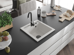 Mexen Vito 1-bowl granite sink 520 x 490 mm, white, black siphon - 6503521000-20-B