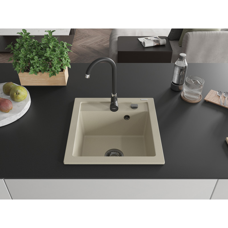 Mexen Vito granite kitchen sink 1-bowl 520 x 490 mm, beige, black siphon - 6503521000-69-B