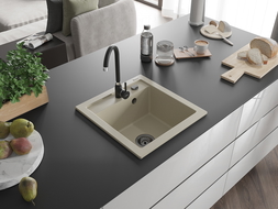 Mexen Vito 1-compartment granite sink 520 x 490 mm, Beige, siphon Black - 6503521000-69-B