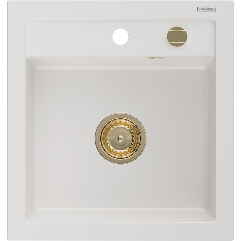 Mexen Vito Granite Sink 1-Bowl 520 x 490 mm, White, Gold Siphon - 6503521000-20-G