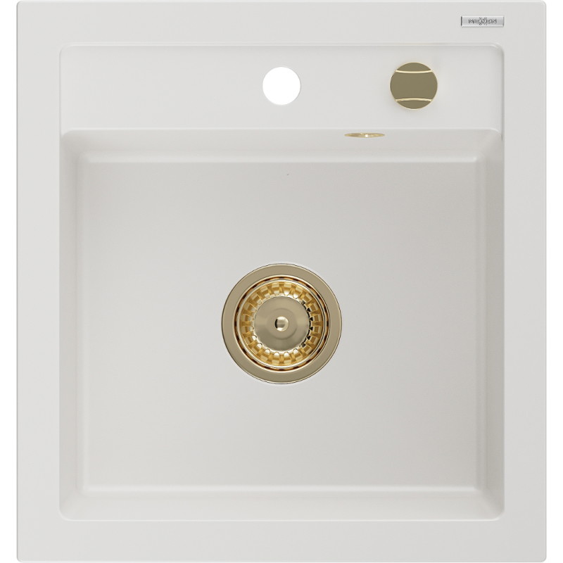 Mexen Vito granite sink 1-bowl 520 x 490 mm, white, golden siphon - 6503521000-20-G