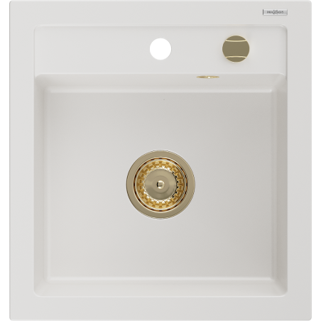 Mexen Vito Granite Sink 1-Bowl 520 x 490 mm, White, Gold Siphon - 6503521000-20-G