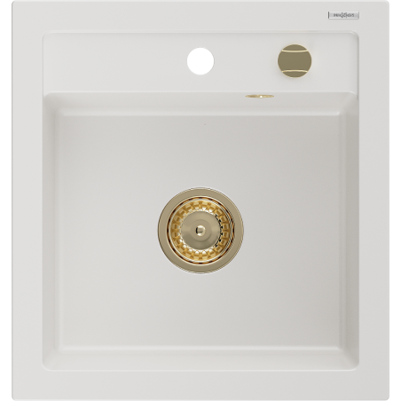 Mexen Vito granite sink 1-bowl 520 x 490 mm, white, golden siphon - 6503521000-20-G
