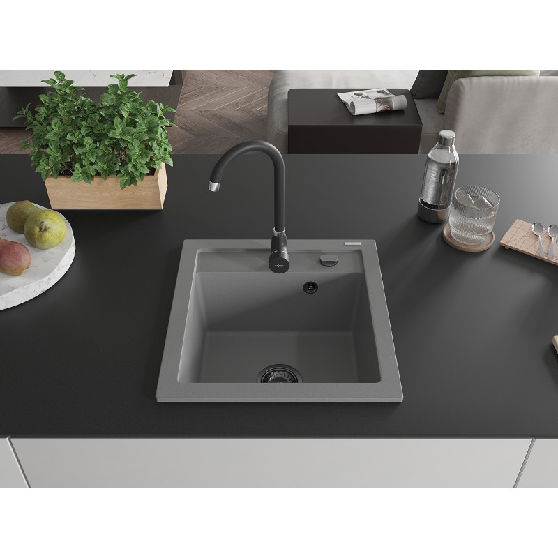 Mexen Vito 1-bowl granite sink 520 x 490 mm, gray, black siphon - 6503521000-71-B