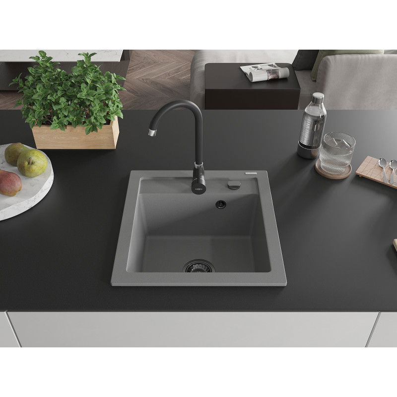 Mexen Vito granite sink 1-bowl 520 x 490 mm, grey, black siphon - 6503521000-71-B