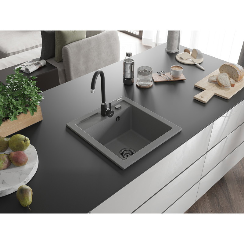 Mexen Vito 1-bowl granite sink 520 x 490 mm, gray, black siphon - 6503521000-71-B